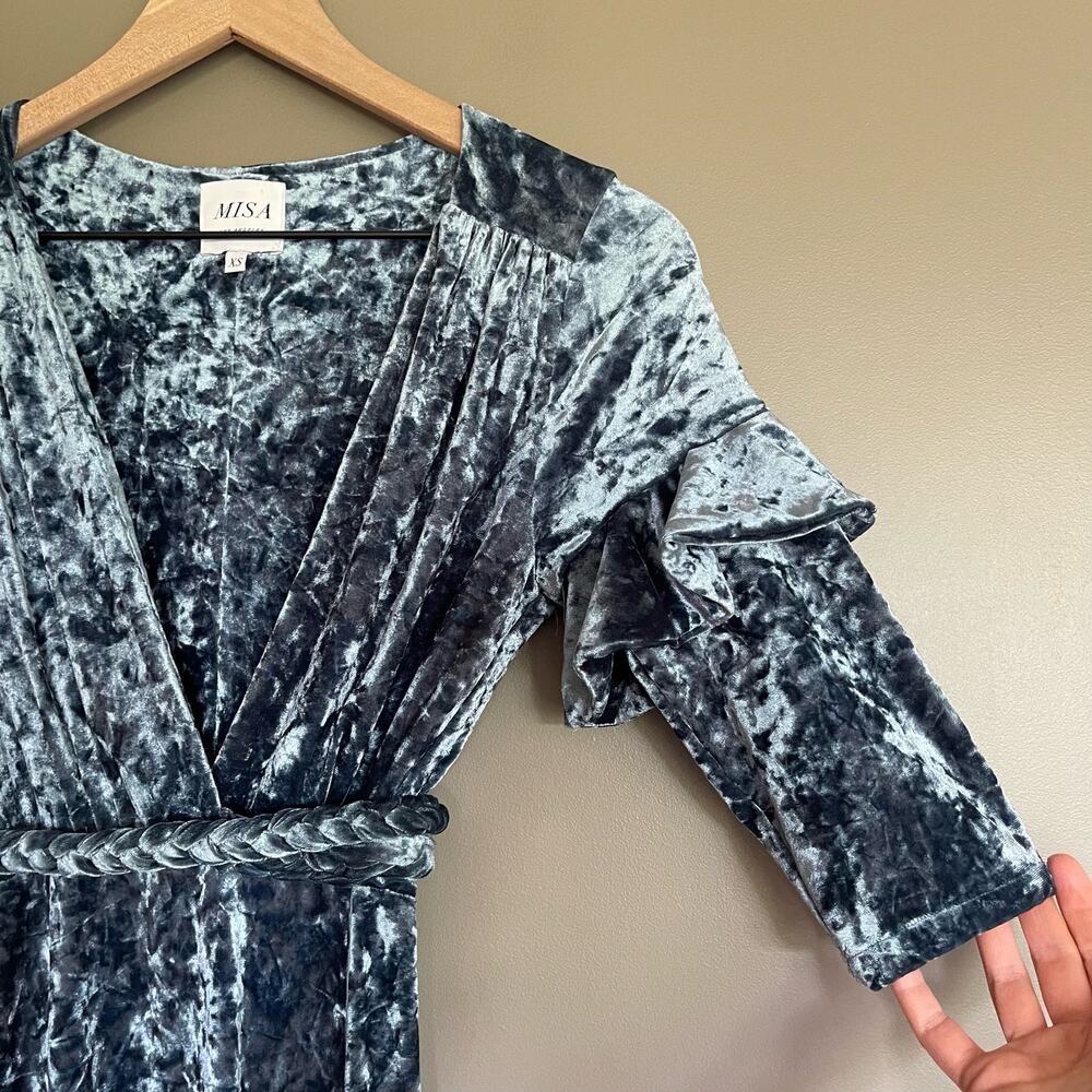 Misa Symone Wrap Dress Velvet Maxi Size XS Ruffle Sleeves Braided Sash Belt Teal - Picture 9 of 16